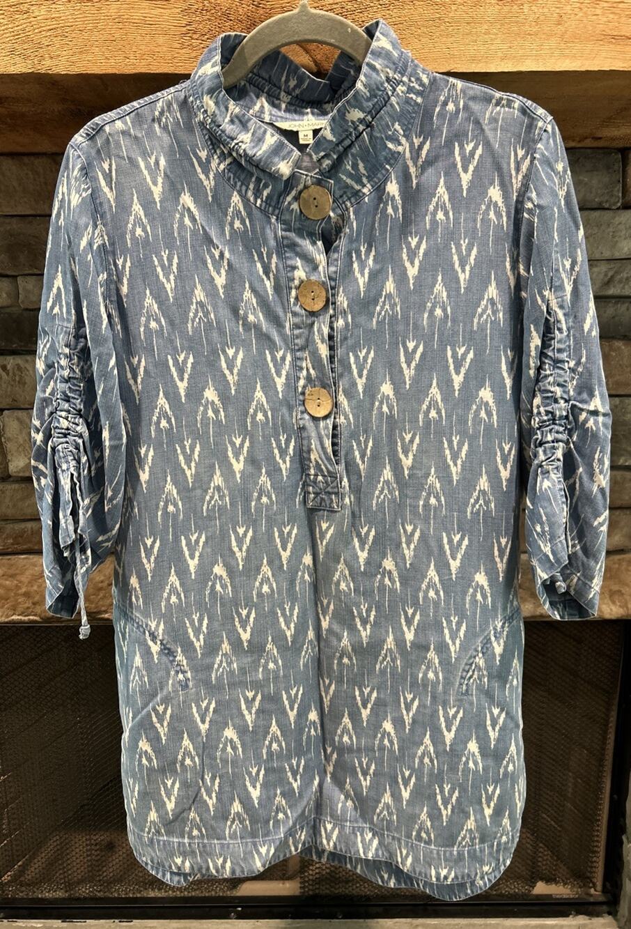 JOHN MARK Chambray Shift Dress Sz M 1/2 Button Gathered Sleeve Pockets *C2